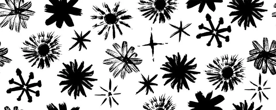Seamless pattern of handdrawn flowers, graffiti stars, snowflakes and asterisk Stock Illustration