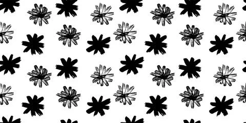 Seamless pattern of handdrawn flowers, graffiti stars, snowflakes and asterisk Stock Illustration