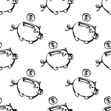 Seamless pattern Handdrawn money box pig doodle icon. Hand drawn black sketch Stock Illustration