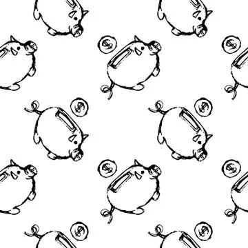 Seamless pattern Handdrawn money box pig doodle icon. Hand drawn black sketch Stock Illustration