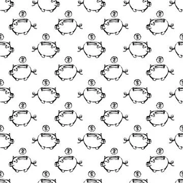 Seamless pattern Handdrawn money box pig doodle icon. Hand drawn black sketch イラスト素材