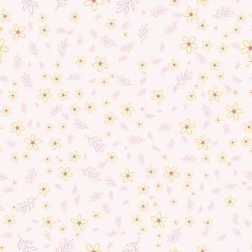 Seamless pattern with handdrawn yellow flowers and pink leaves Stock Illustration