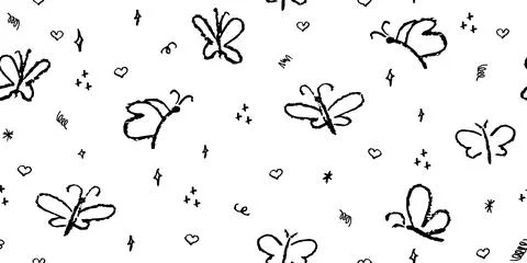 Seamless pattern with handdrrawn butterflies. Contour drawn cute moth insect Illustrazione stock