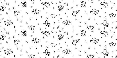 Seamless pattern with handdrrawn butterflies. Contour drawn cute moth insect Illustrazione stock