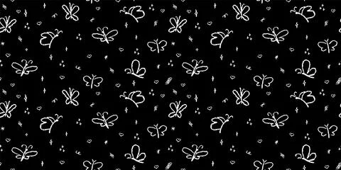 Seamless pattern with handdrrawn butterflies. Contour drawn cute moth insect Stock Illustration