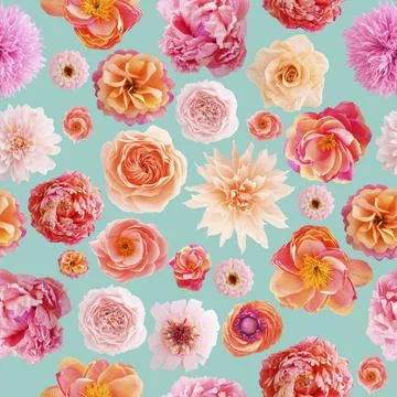 Seamless pattern with handmade crepe paper flowers on turquoise colored Illustrazione stock