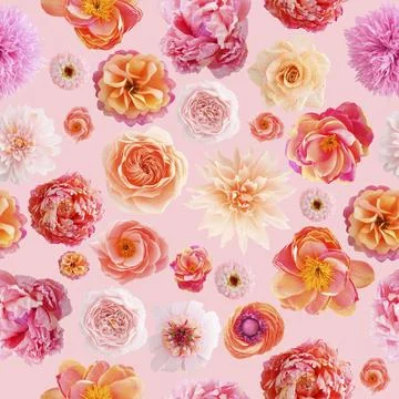 Seamless pattern with handmade crepe paper flowers on pink colored background Stock Illustration