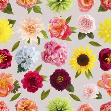 Seamless pattern with handmade crepe paper flowers on taupe background Stock Illustration