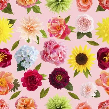 Seamless pattern with handmade crepe paper flowers on pink colored background Stock Illustration