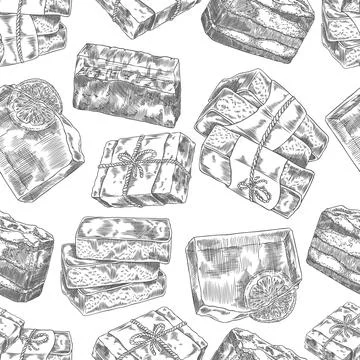 Seamless pattern with handmade natural soap engraved hand drawn vector, herbal Stock Illustration