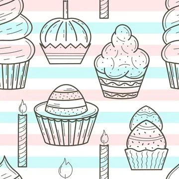 Seamless pattern handmade sketch pastries on a striped background. Illustrazione stock