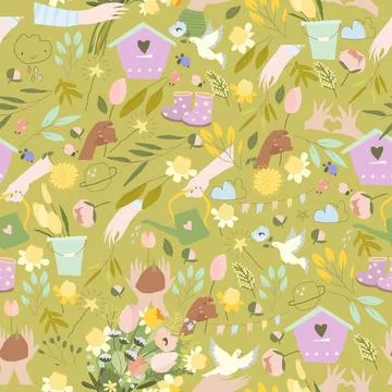 Seamless Pattern with Hands and Spring Flowers on Green Background Stock Illustration