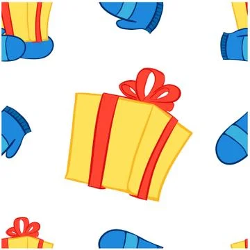 Seamless pattern hands in blue mittens give present Stock Illustration
