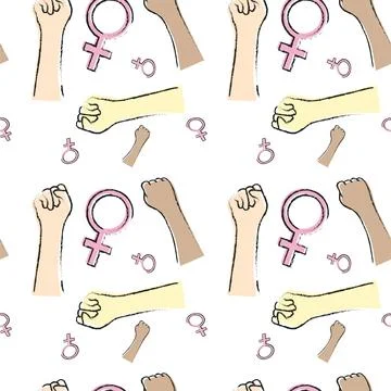 Seamless pattern with hands clenched into a fist, women of different races and a Stock Illustration