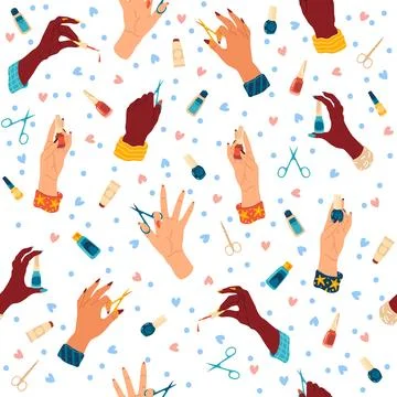 Seamless pattern with hands, fingernails and nail polishes. Nail bar accessories Stock Illustration