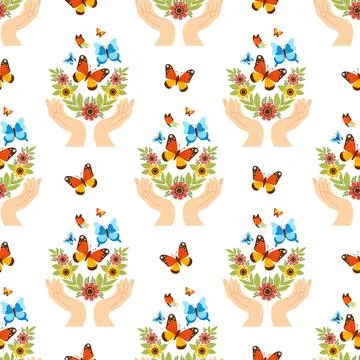 Seamless pattern. Hands with flowers releasing colorful butterflies on white Stock Illustration