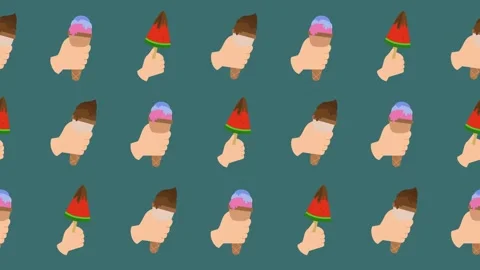 Seamless pattern of hands holding ice cream cones and watermelon popsicles icons Stock Footage 325606098