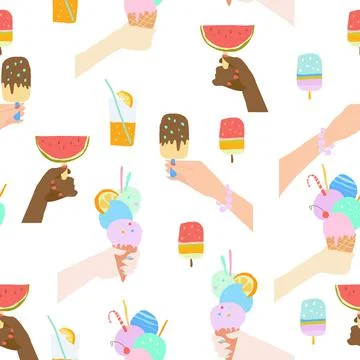 Seamless Pattern with Hands holding Ice Cream on White Background Stock Illustration