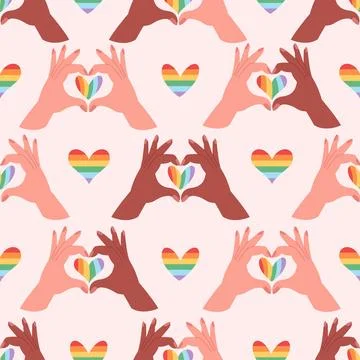 Seamless pattern with hands showing LGBTQ heart. Love is love, Pride month, Stock Illustration