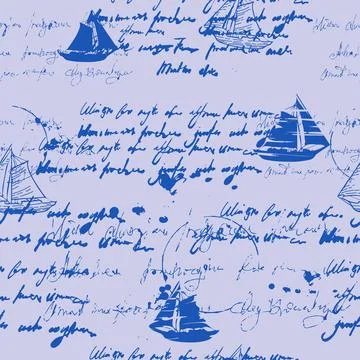 Seamless pattern handwritten illegible text ink, splatter, sailboat, travel 스톡 일러스트