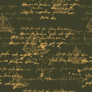 Seamless pattern handwritten illegible text ink, splatter, sailboat, travel 스톡 일러스트
