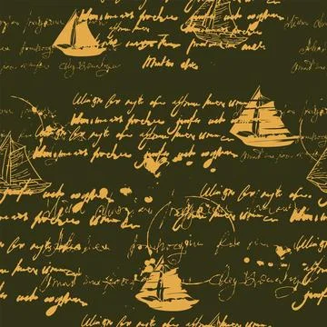 Seamless pattern handwritten illegible text ink, splatter, sailboat, travel Stock Illustration