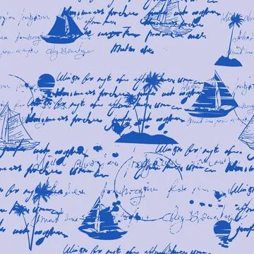Seamless pattern handwritten illegible text ink, splatter, sailboat, travel Stock Illustration
