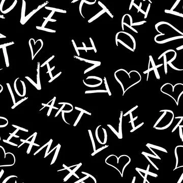 Seamless pattern with handwritten letters, words Love, Art, Dream and hearts  Stock Illustration