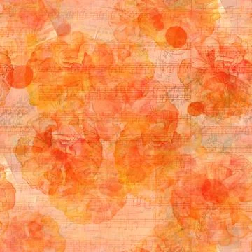 Seamless pattern of handwritten texts, music notes, and flowers Stock Illustration