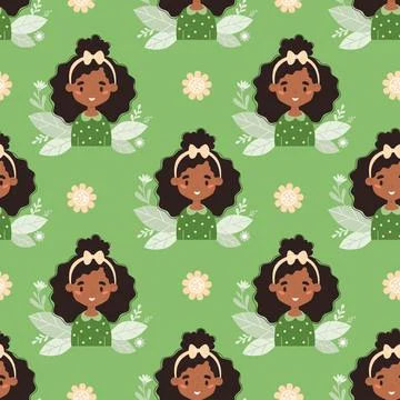 Seamless pattern with happy afro american ethnic girl child with curly hair.. Stock Illustration