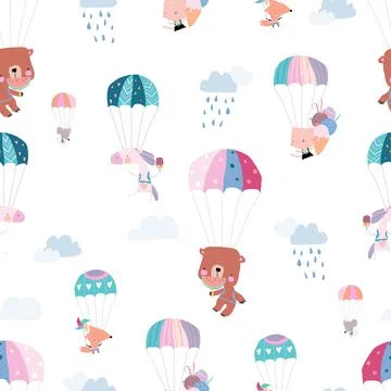 Seamless Pattern with Happy Animals flying with Colorful Parachutes in the Sky Stock Illustration