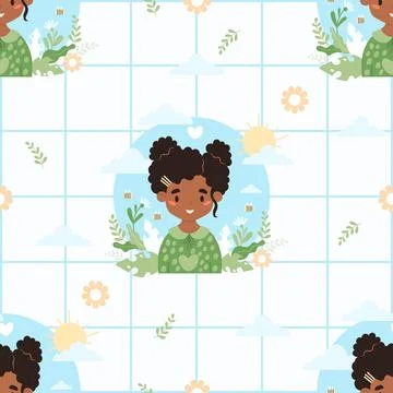 Seamless pattern with happy black curly girl and nature on white checkered .. Stock Illustration