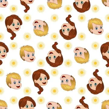 Seamless pattern with happy boy and girl. Sun shines on their joy. Vector Stock Illustration