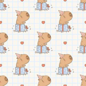 Seamless Pattern Happy Capybara in birthday cap in festive gift box on whit.. Stock Illustration