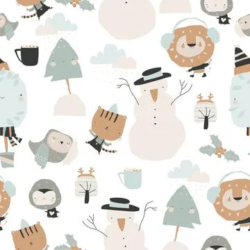 Seamless Pattern with Happy Cartoon Animals meeting Winter Holidays on White Stock Illustration