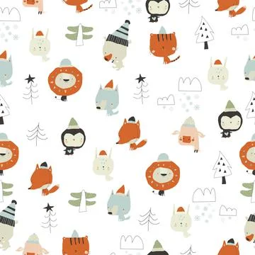 Seamless Pattern with Happy Cartoon Animals in Winter Forest Illustrazione stock