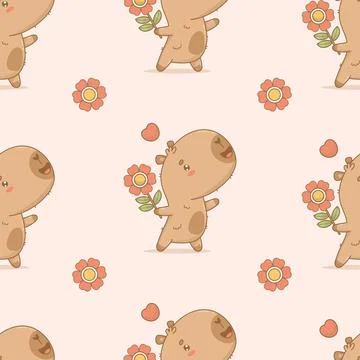 Seamless pattern with happy cartoon capybara with flower and heart on pink .. 스톡 일러스트