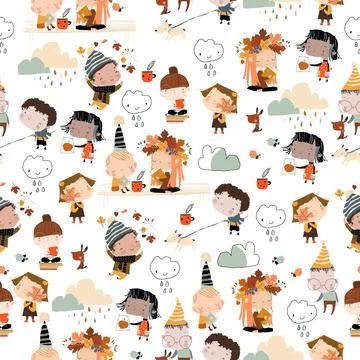 Seamless Pattern with Happy Cartoon Kids enjoying Autumn on white Background Stock Illustration