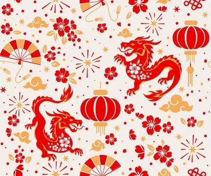 Seamless pattern happy chinese new year the dragon zodiac sign with asian e.. Stock Illustration