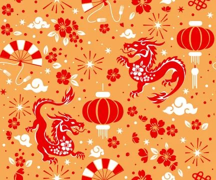 Seamless pattern happy chinese new year the dragon zodiac sign with asian e.. Illustrazione stock