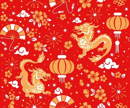 Seamless pattern happy chinese new year the dragon zodiac sign with asian e.. Stock Illustration