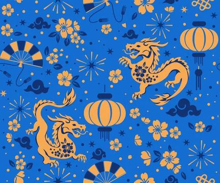 Seamless pattern happy chinese new year the dragon zodiac sign with asian e.. Stock Illustration