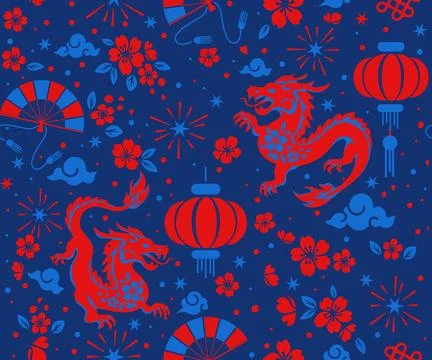 Seamless pattern happy chinese new year the dragon zodiac sign with asian e.. Stock Illustration