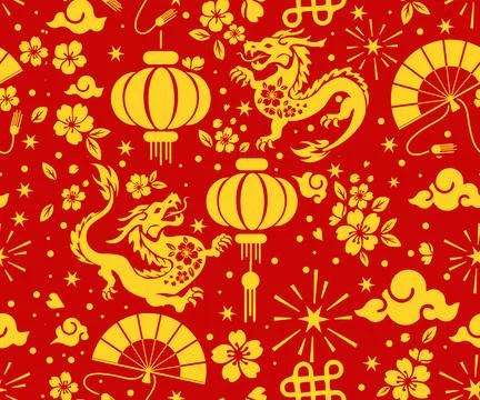 Seamless pattern happy chinese new year the dragon zodiac sign with asian e.. Stock Illustration