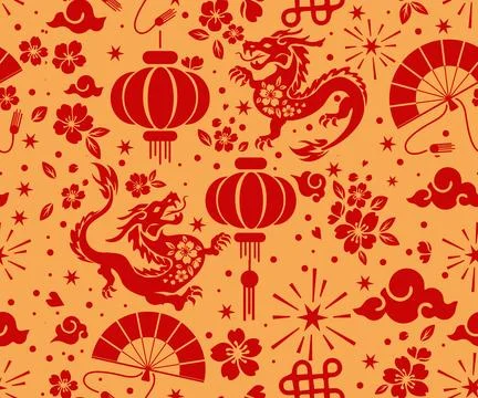Seamless pattern happy chinese new year the dragon zodiac sign with asian e.. Illustrazione stock