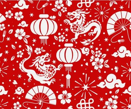 Seamless pattern happy chinese new year the dragon zodiac sign with asian e.. Stock Illustration