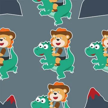 Seamless pattern of happy cute bear riding cute dinosaurs. For fabric textile Stockillustratie