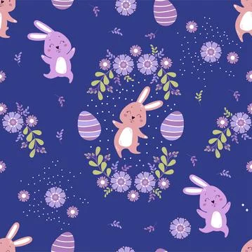 Seamless pattern. Happy cute easter bunnies with easter eggs and flowers on blue 스톡 일러스트