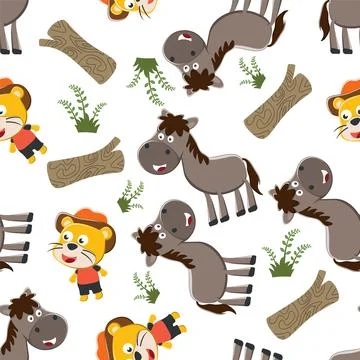 Seamless pattern of happy cute lion and horse in field. Stock Illustration