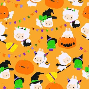 Seamless Pattern with Happy Cute LLama Alpaca and Halloween Elements Stock Illustration